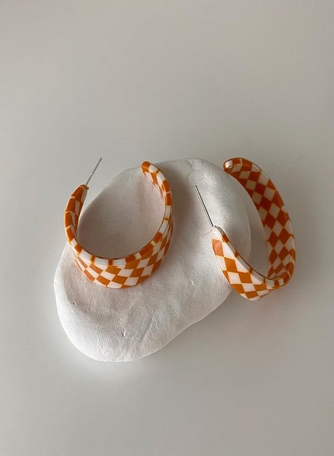 POYAMUSE Chic Checkerboard Acrylic Hoop Earrings - Trendy Plaid Earrings - Elegance with a Modern Twist-orange white - Image 3